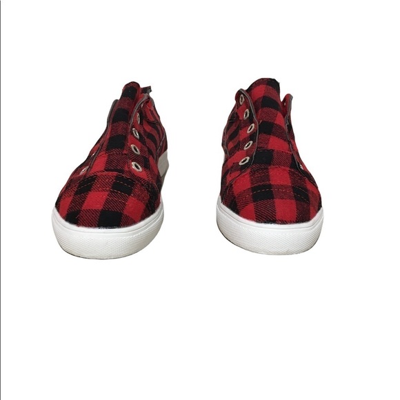New Women’s Sneakers Red & Black Plaid Slip On Laceless Textile Upper Cushioned - Picture 7 of 10